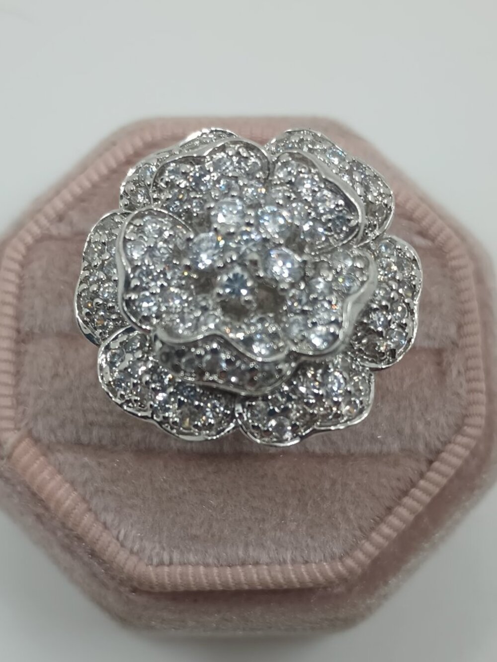 Vintage Signed UTC 925 Sterling Silver Layered CZ Flower Ring 9 3/4